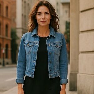 Love Tree Women’s Small Classic Blue Denim Jacket Faded Semi-Cropped Trucker